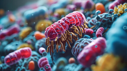 Abstract human mucosa with harmful and beneficial bacteria and microorganisms - obrazy, fototapety, plakaty