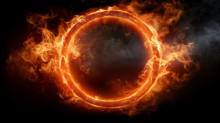 Flaming fire ring frame with smoke on dark background