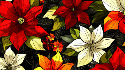 A colorful floral pattern with red and white flowers. The flowers are arranged in a way that creates a sense of depth and movement. Scene is cheerful and vibrant