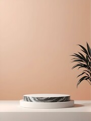 Modern minimalist product podium display on a peach fuzz background. Podium platform product presentation 