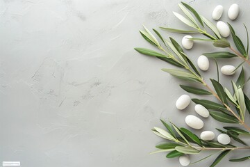 Fototapeta na wymiar Photo of an olive branch with white stones. Generate AI image