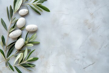 Photo of an olive branch with white stones. Generate AI image