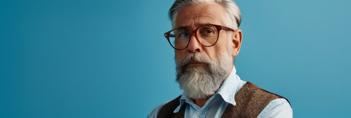 Fashionable stylish modern senior man in a shirt and vest against a blue wall, studio shot, banner