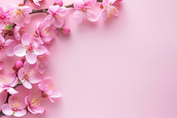 Naklejka na ściany i meble Pink peach blossoms on a pink background with copy space. Generate AI image