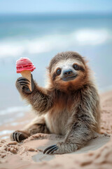 Fototapeta premium sloth with ice cream on the beach