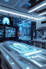 a digital hologram of medical equipment is projected in an office setting, with computer monitors displaying data and AI technology in the background
