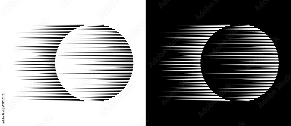Poster Dynamic parallel lines in circle. Abstract art geometric background for logo or icon. Black shape on a white background and the same white shape on the black side.