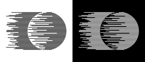 Dynamic parallel lines in circle. Abstract art geometric background for logo or icon. Black shape on a white background and the same white shape on the black side.