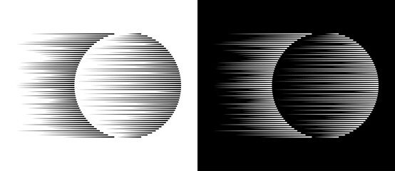 Dynamic parallel lines in circle. Abstract art geometric background for logo or icon. Black shape on a white background and the same white shape on the black side. - 781523244