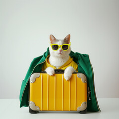 Illustration de vacances décalée, chat en pull posant avec sa valise jaune et ses lunettes de...