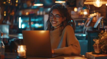 Smiling woman with laptop at coffee shop. Generate AI image