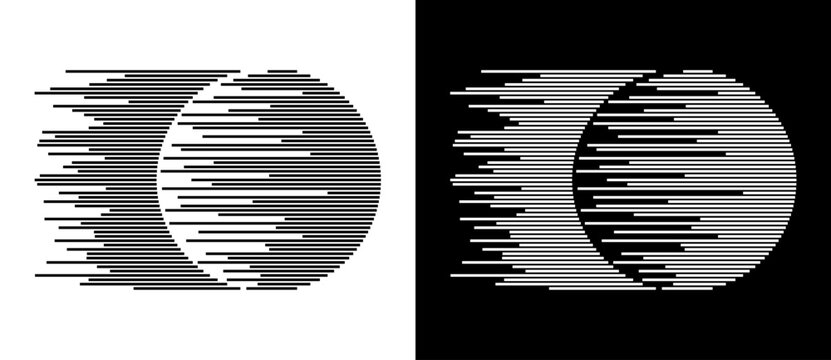 Dynamic parallel lines in circle. Abstract art geometric background for logo or icon. Black shape on a white background and the same white shape on the black side.