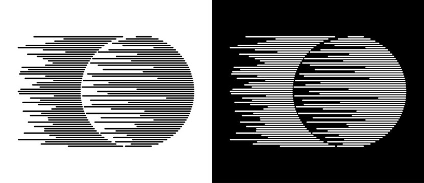 Dynamic parallel lines in circle. Abstract art geometric background for logo or icon. Black shape on a white background and the same white shape on the black side.