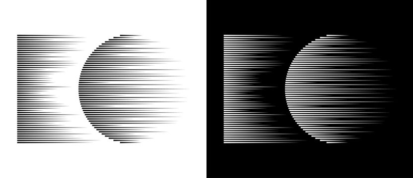 Dynamic parallel lines in circle. Abstract art geometric background for logo or icon. Black shape on a white background and the same white shape on the black side.
