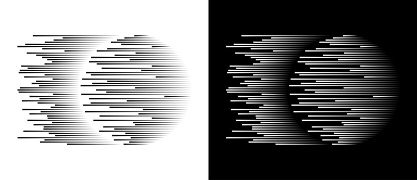 Dynamic parallel lines in circle. Abstract art geometric background for logo or icon. Black shape on a white background and the same white shape on the black side.