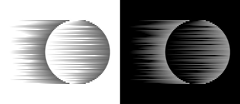 Dynamic parallel lines in circle. Abstract art geometric background for logo or icon. Black shape on a white background and the same white shape on the black side.