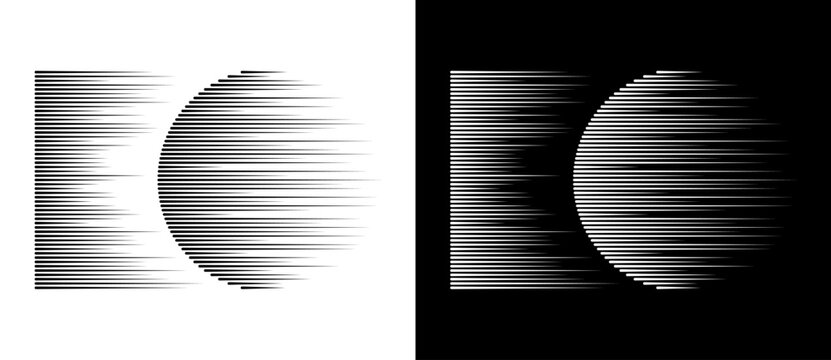 Dynamic parallel lines in circle. Abstract art geometric background for logo or icon. Black shape on a white background and the same white shape on the black side.