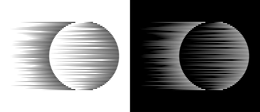 Dynamic parallel lines in circle. Abstract art geometric background for logo or icon. Black shape on a white background and the same white shape on the black side.