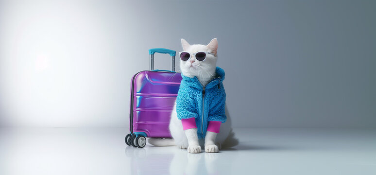 Portrait d'un chat blanc avec sa valise violette, illustration d&eacute;cal&eacute;e type photo de vacances, fond gris neutre