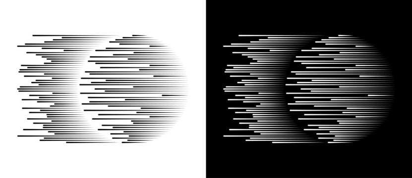 Dynamic parallel lines in circle. Abstract art geometric background for logo or icon. Black shape on a white background and the same white shape on the black side.