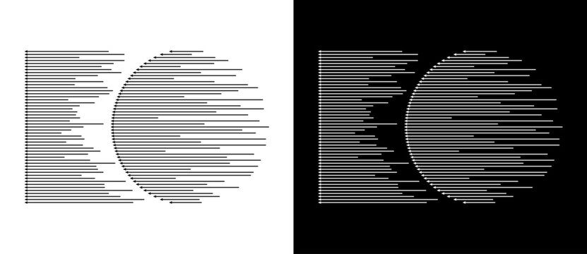Dynamic parallel arrows in circle. Abstract art geometric background for logo or icon. Black shape on a white background and the same white shape on the black side.