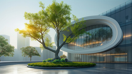 Eco-friendly building in modern city. Round office building with green environment. Futuristic architecture - 781523417