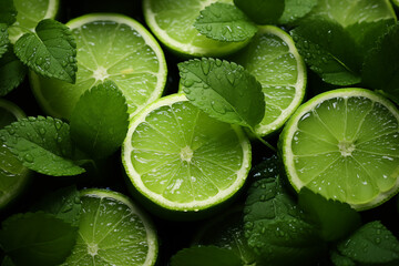 A close up of green limes with green leaves