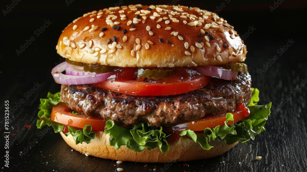 Poster Close up of a burger with lettuce, tomato, and onion