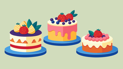 Delicious Set of Cake Decorated with Berries - Vector Illustration