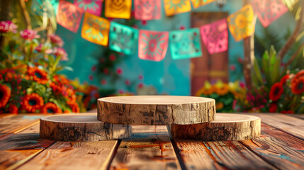 Empty wooden podium againts colorful decoration of Cinco de Mayo background in backyard for product display
