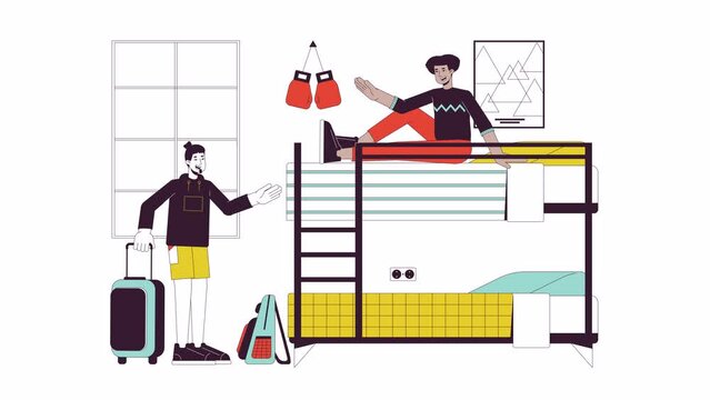 Moving into dorm room line cartoon animation. Dormmates greeting. Going to college 4K video motion graphic. University roommates freshmen 2D linear animated characters isolated on white background