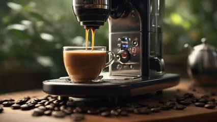 Foto op Plexiglas Coffee machine with hot coffee. Summer cafe. © Марина Андриянова