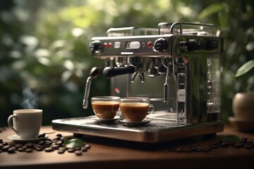 Coffee machine with hot coffee. Outdoor - obrazy, fototapety, plakaty