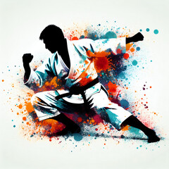 silhouette of Karate splash color paint background