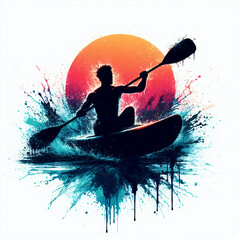 Kayaker in water with sunset, splash color paint illustration - 781524236
