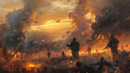 Dramatic Battlefield Scene with Soldiers and Explosions