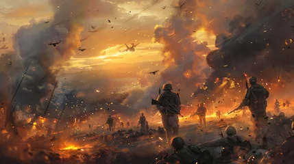 Fototapeten Dramatic Battlefield Scene with Soldiers and Explosions © Napat