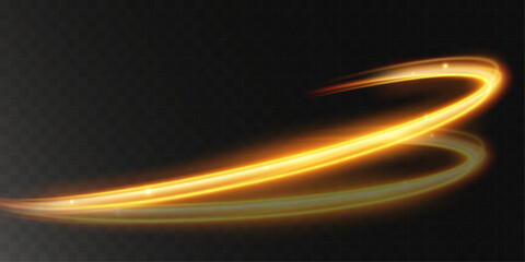 Light wave of shiny gold lines.Gold color glowing design element.Wavy bright stripes.
