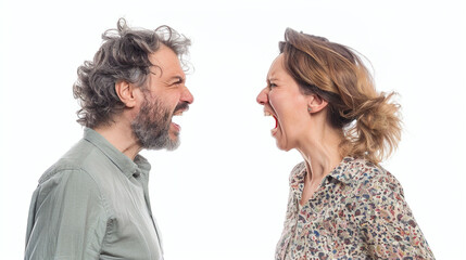 Mid Aged Couple Yelling At Each Other Isolated On White. Studio Shot. Concept For Marriage Problem. Temper Control And Human Relationships.