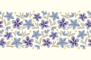 Vintage Flowers pattern seamless embroidery background border. Blue Floral motif with leaves Vintage minimal Ikat ethnic style design vector illustration. Hand drawn