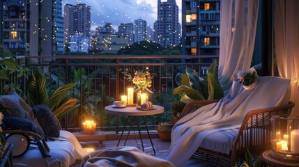 a cozy balcony is adorned with comfortable chairs, soft blankets, and a small breakfast table set...