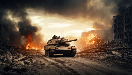 A military tank maneuvers through a city in ruins, debris scattered around as a result of warfare and destruction