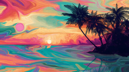 Fototapeta na wymiar a beach with palm trees and mountains
