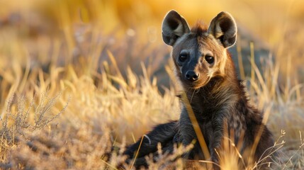 A hyena perched in the grass - obrazy, fototapety, plakaty