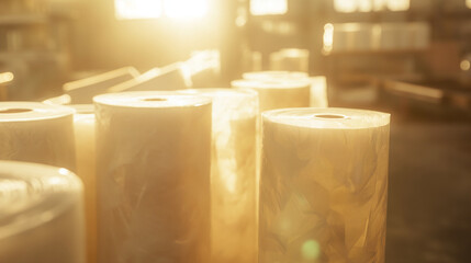A textile manufacturer showcasing fabric made from recycled plastic bottles, with rolls of the material displayed in a well-lit workshop. Sunlight highlights the textures of the fa