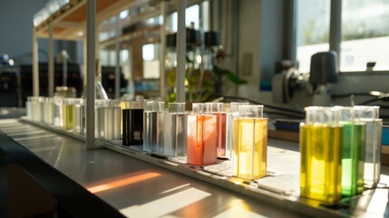 An array of experimental battery prototypes on a lab bench, each designed with different alternative materials. The sunlight streaming in illuminates the prototypes, casting soft s