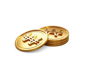 3d Stack Of Golden Korean Won Coins Shiny Rounded Coins Stack On White Background 3d Illustration