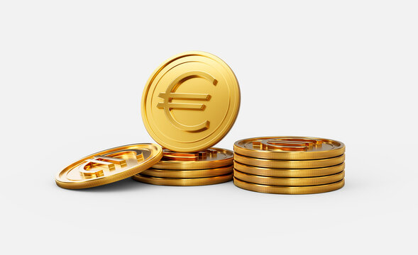 3d Stack Of Golden European Euro Coins Shiny Rounded Coins Stack On White Background 3d Illustration