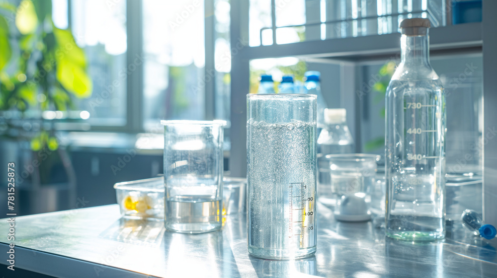 Poster a laboratory setup for testing the efficiency of new catalysts in water purification, with clear and