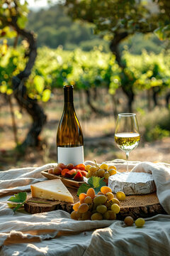 picnic in the vineyards with a bottle of white wine